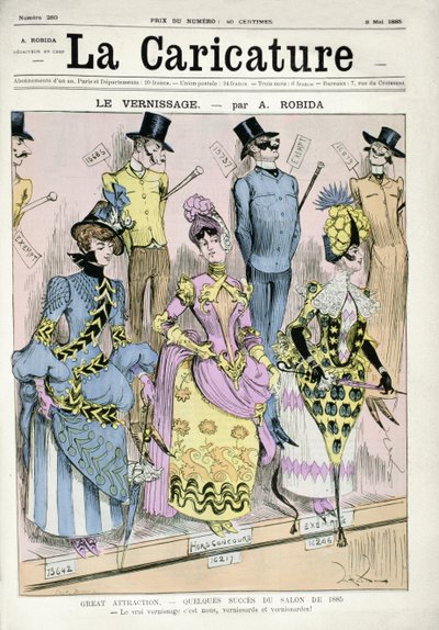 「ニス塗りの日」、雑誌「ラカリカチュア」の表紙イラスト、1885年5月9日（カラー彫刻） 作： Albert Robida